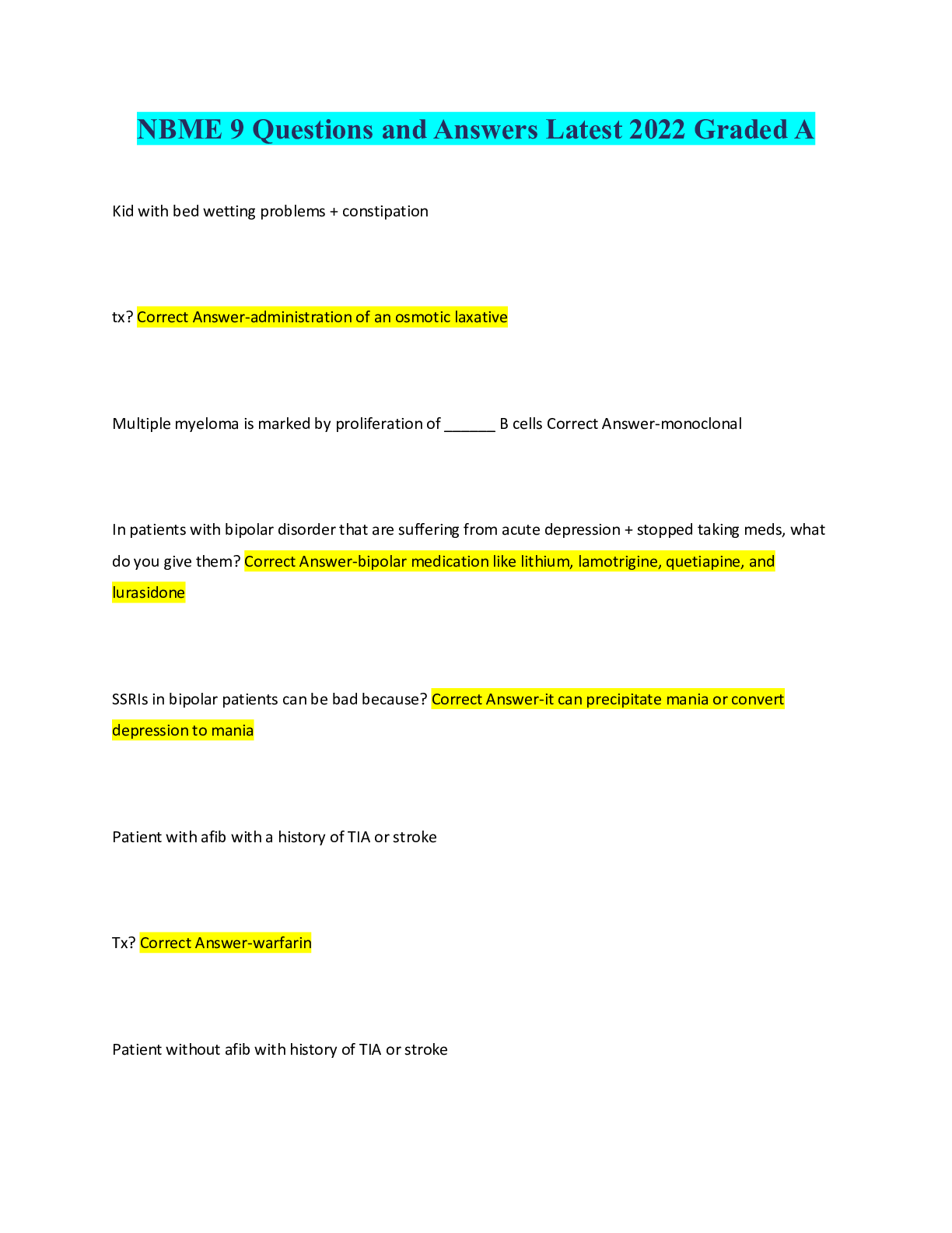 Preview image for NBME 9 Questions and Answers Latest 2022 Graded A